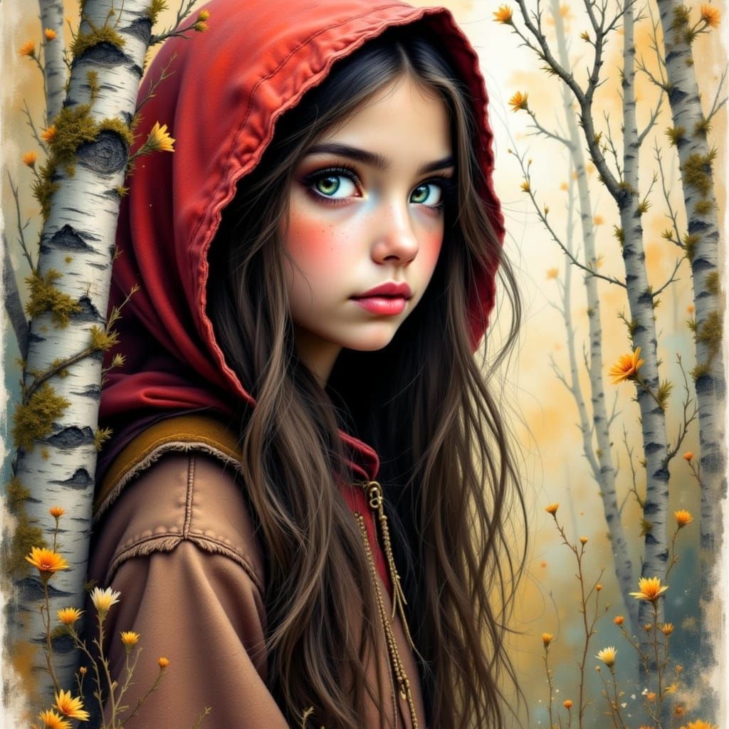 Teenage Little Red Riding Hood in a Forest of Silver Birch