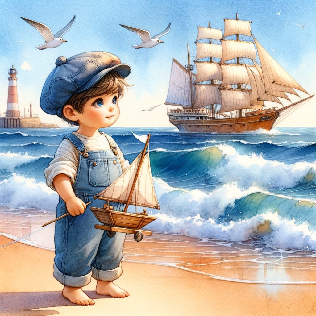 Quaint Middle Eastern Boy Watches Vintage Ship Sail by