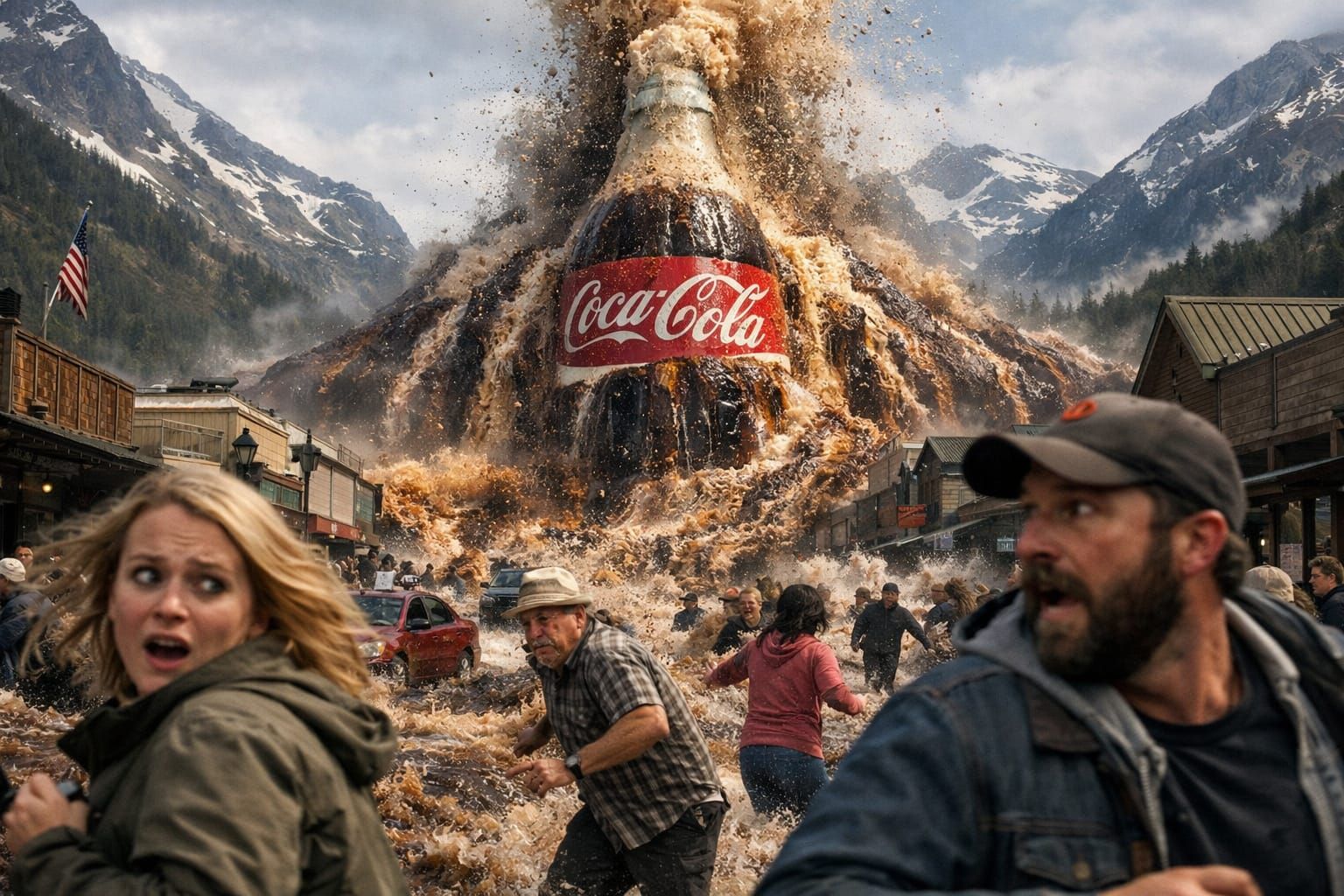Giant Coca-Cola Volcano Erupts Over Fleeing Town