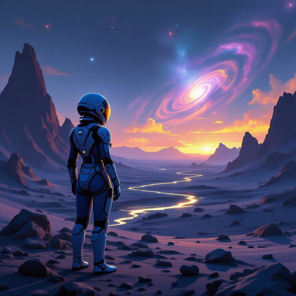 Astronaut Gazes at Nebula on Alien Planet