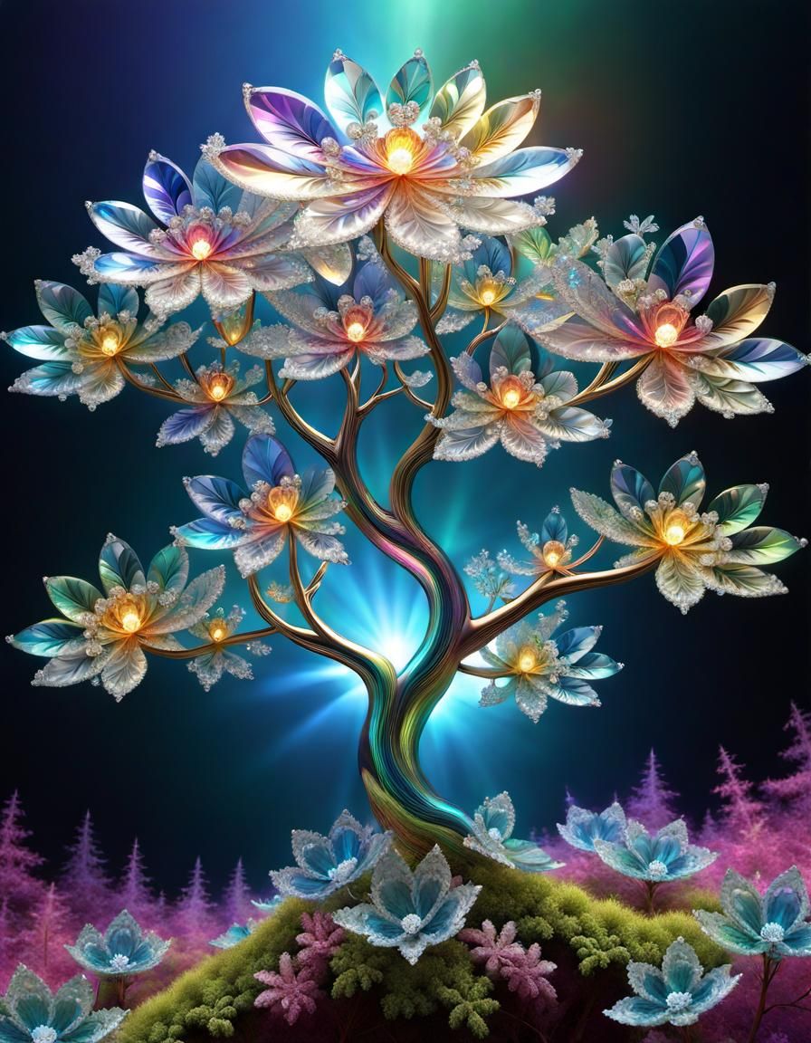 Dazzling Fractal Flower Tree with Sparkling Diamonds