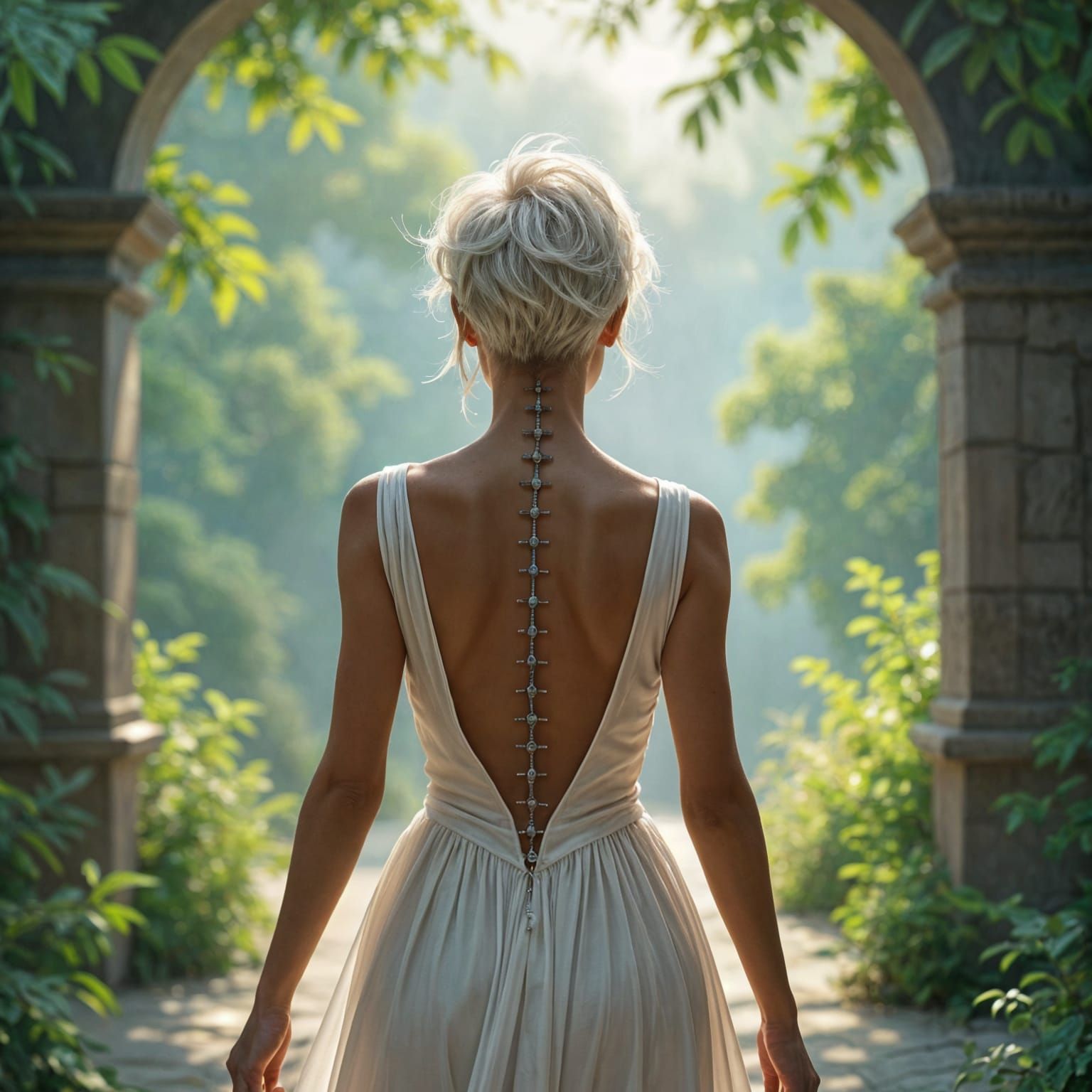 Warrior Woman With White Pixie Hair Walking Towards Divine L...