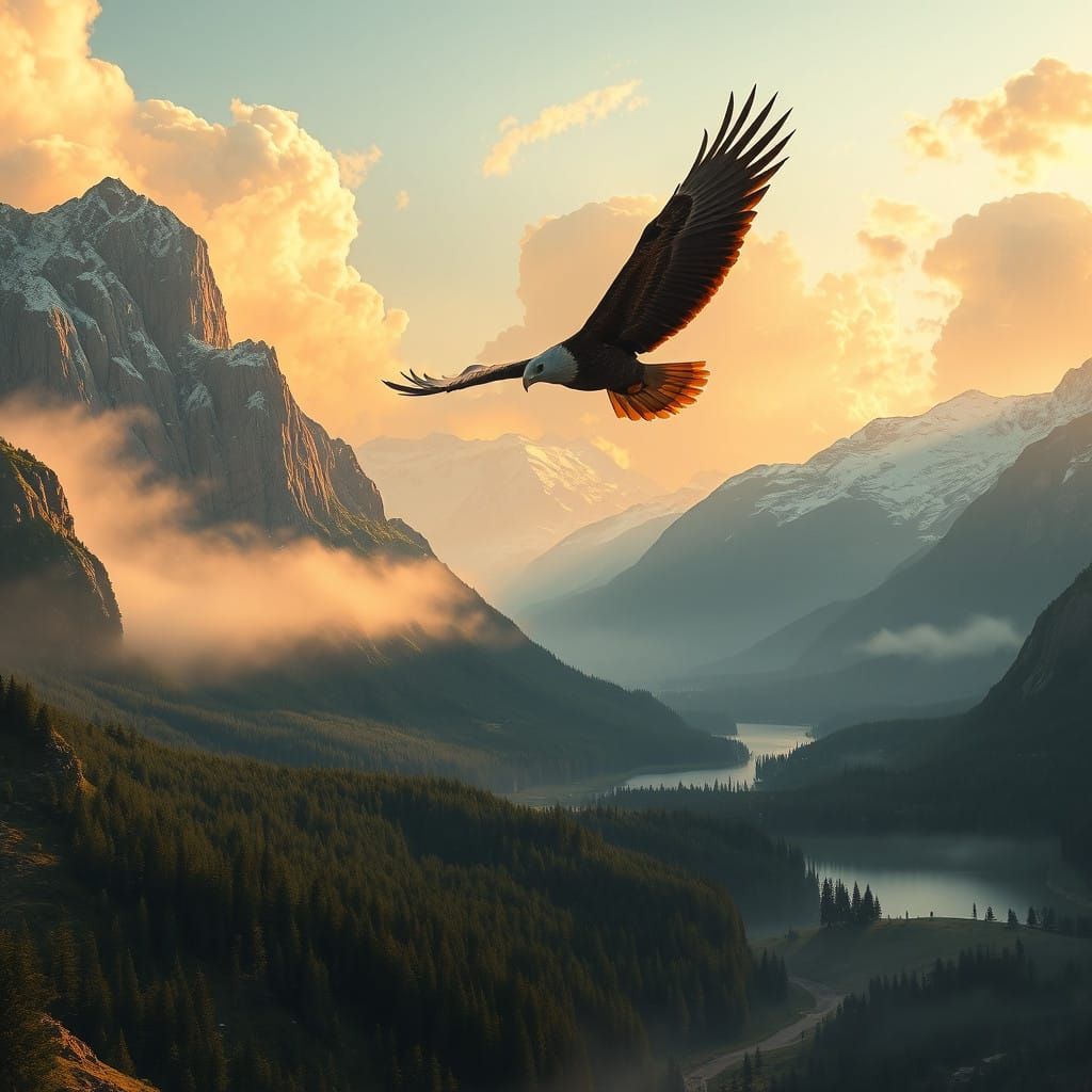Sovereign Eagle Soars Through Futuristic Mountain Landscape