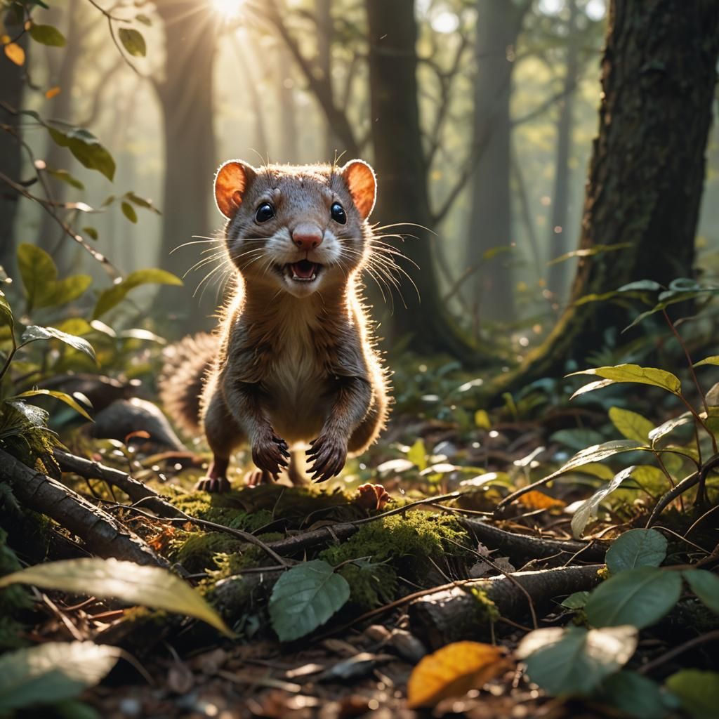 Weasel in Forest with Mouse: Hyper-Realistic Digital Art