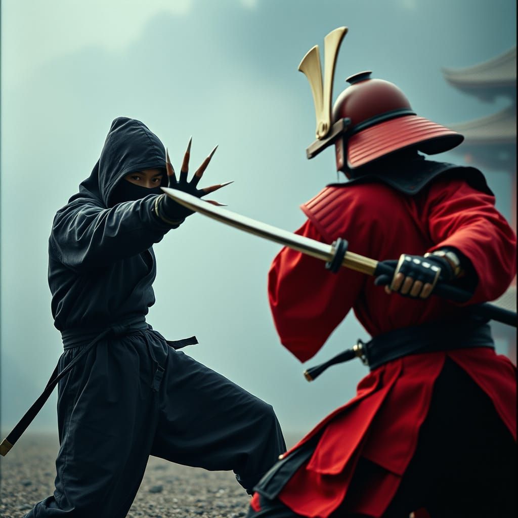 Epic Black Ninja Battles Red Samurai in Cinematic Showdown