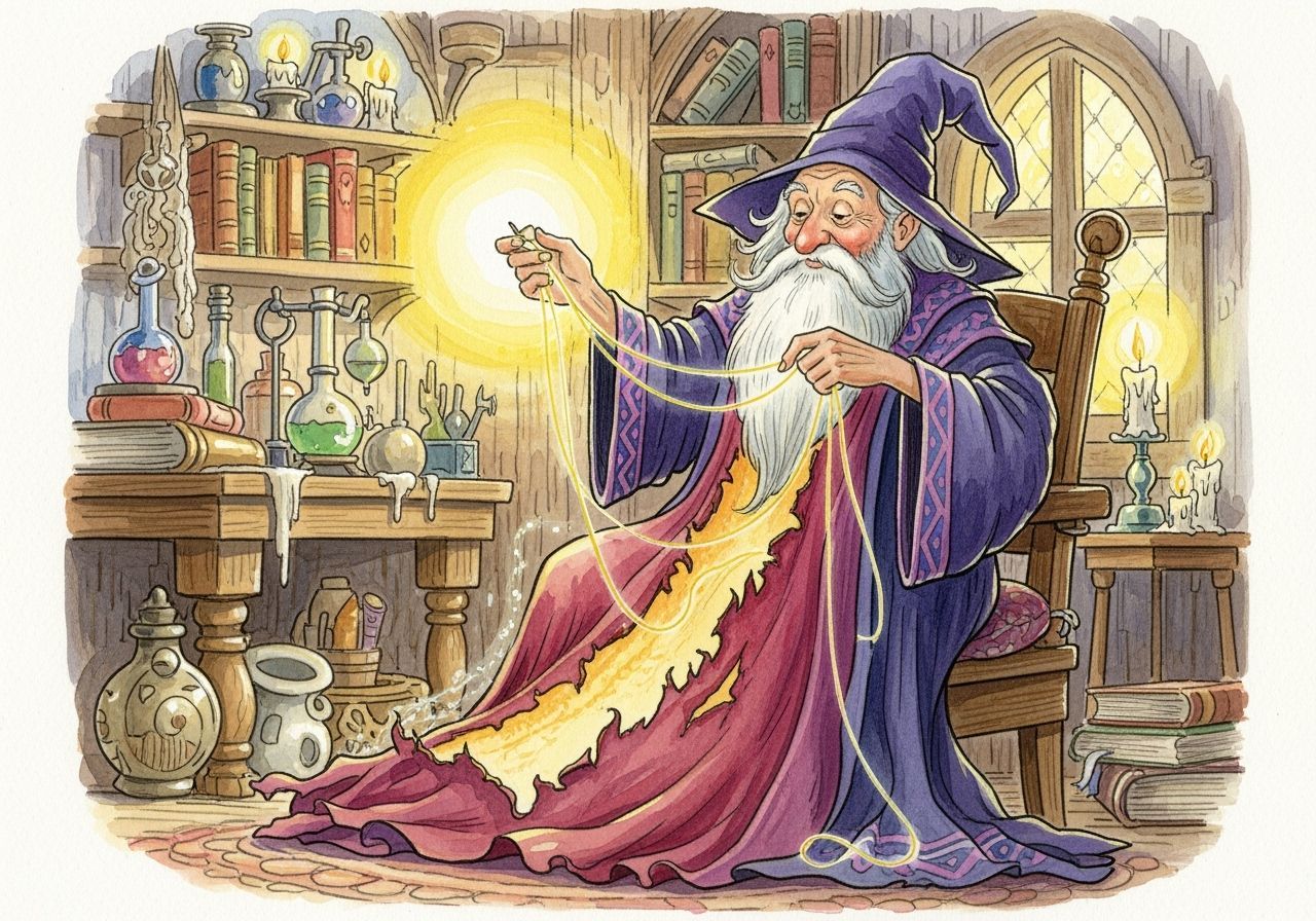 Whimsical Watercolor of Mage Mending Robe with Magic Threads