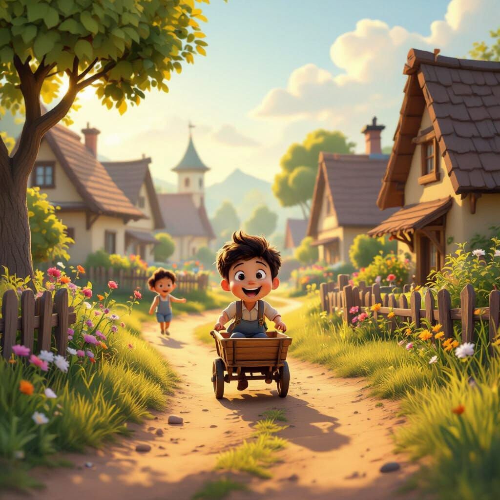 Happy Village Morning Scene with Children Playing