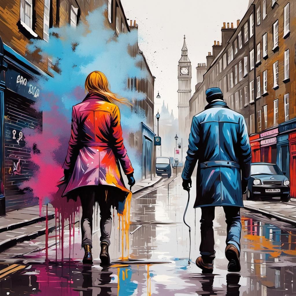 Misty 1880s London Street Scene in Graffiti Art Style