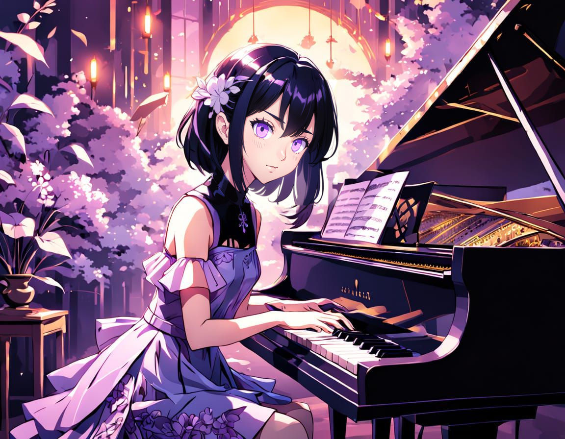 Violet-Eyed Teen in Lilac Dress Plays Piano in Anime-Inspire...