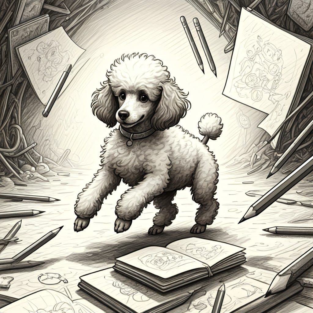 Poodle in Doodle Landscape, Pencil Sketch Style