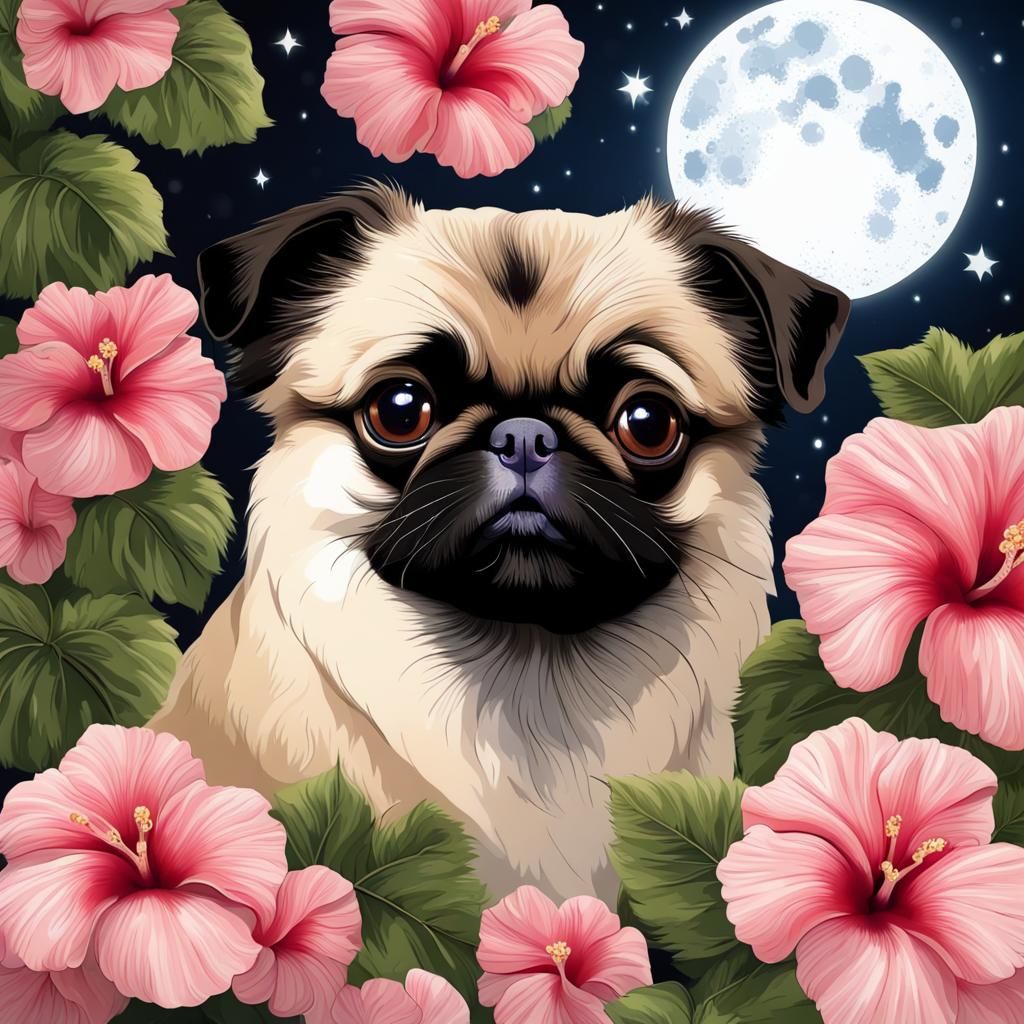 Pomeranian Pug Dog in Dreamy Hibiscus Moonlight