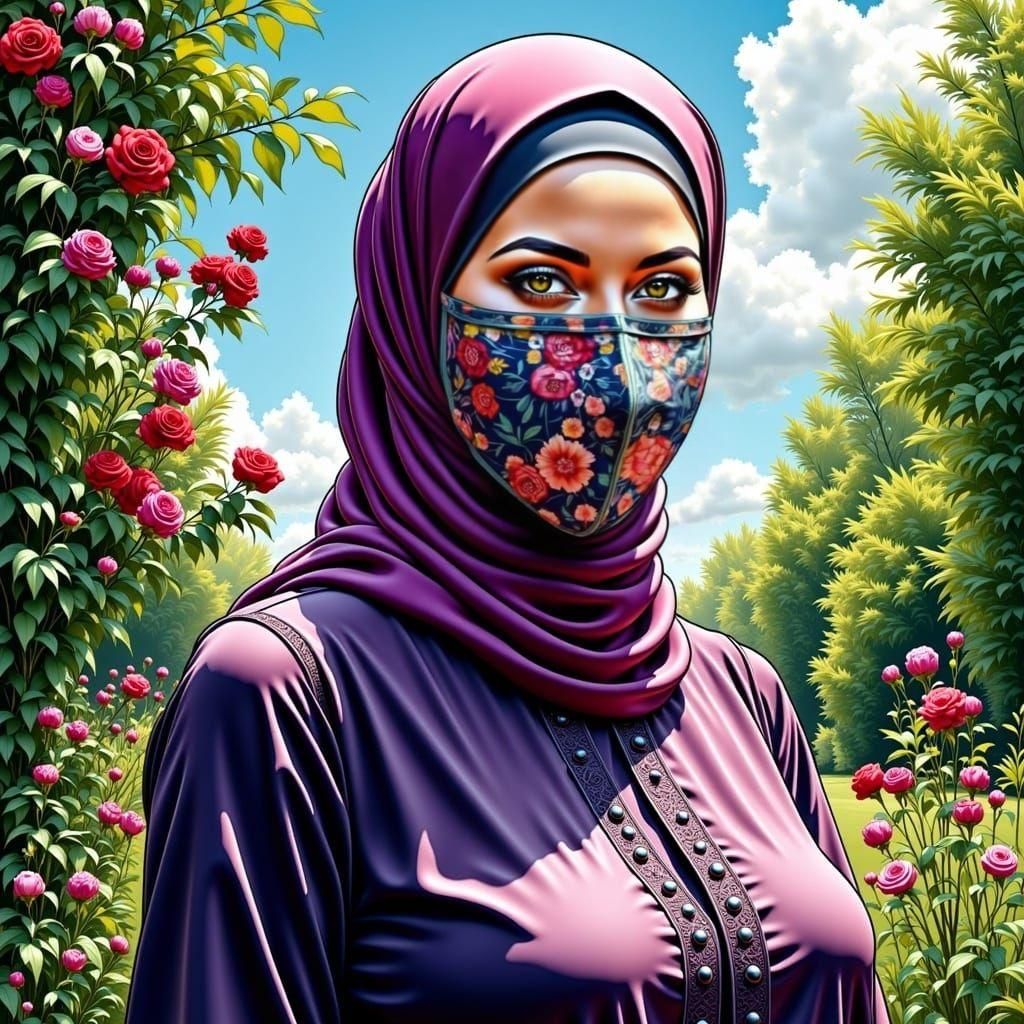 Vintage Comic Art: Hijabi Woman in Botanic Garden