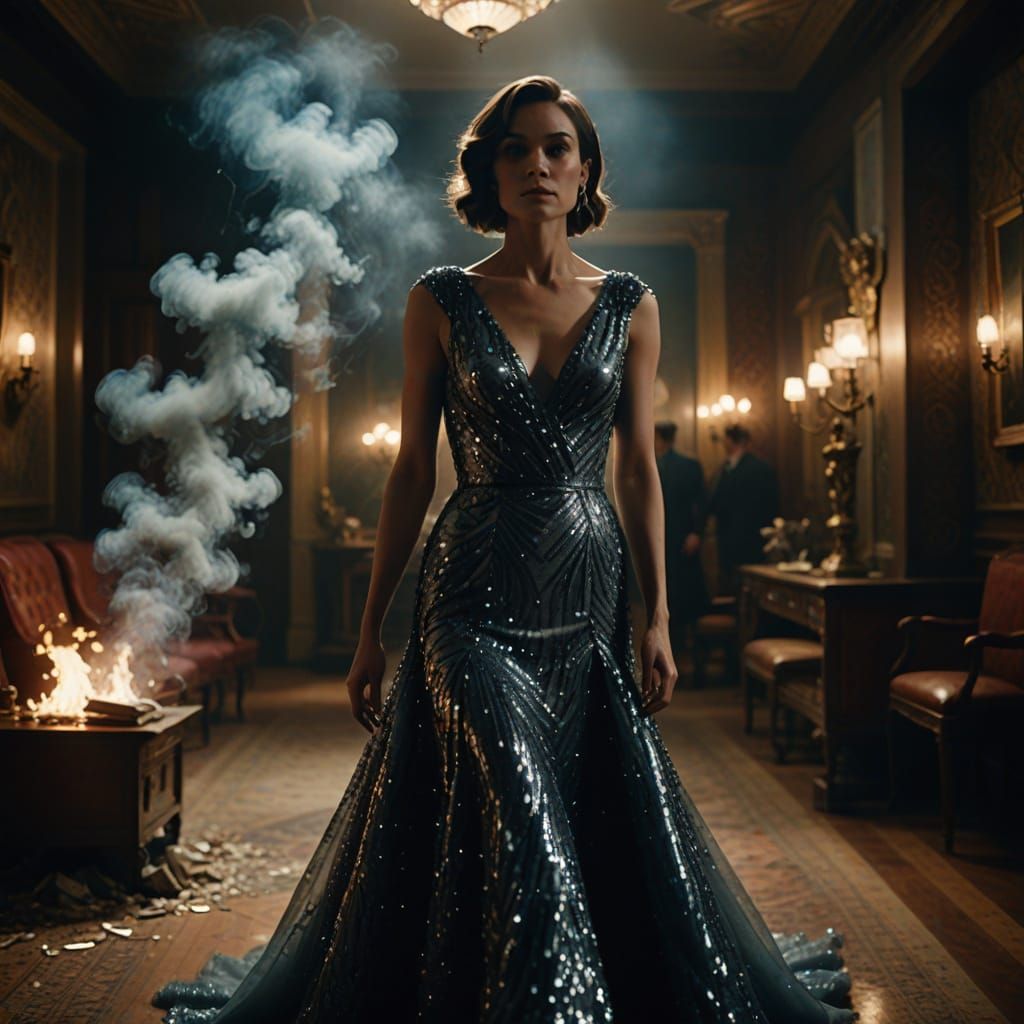 Dramatic Evening Gown in a Smoke-Filled Room