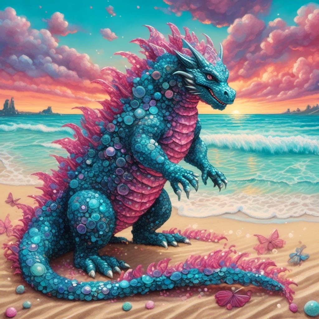 Sparkly Pink Godzilla on a Sunny Beach