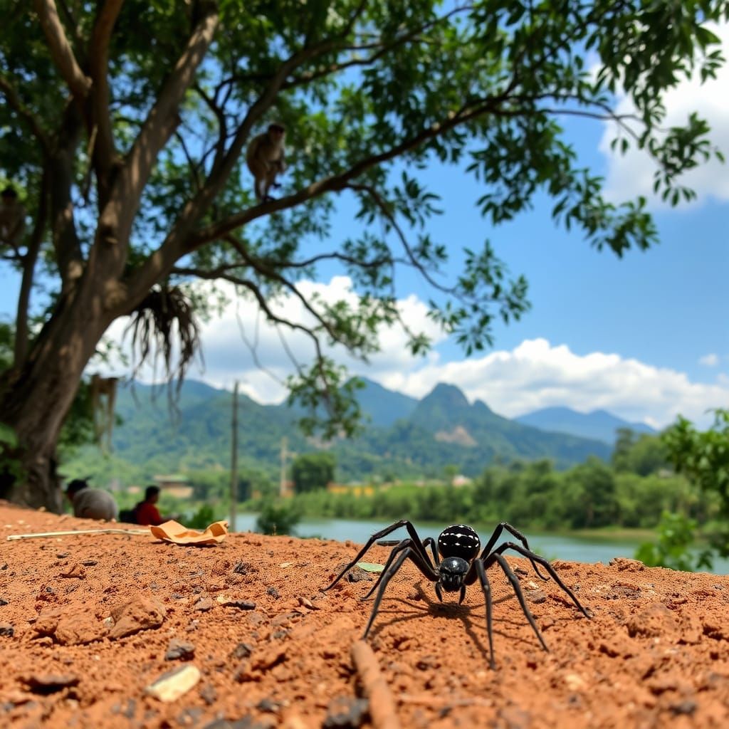 Black Spider in Thailand Jungle Scene