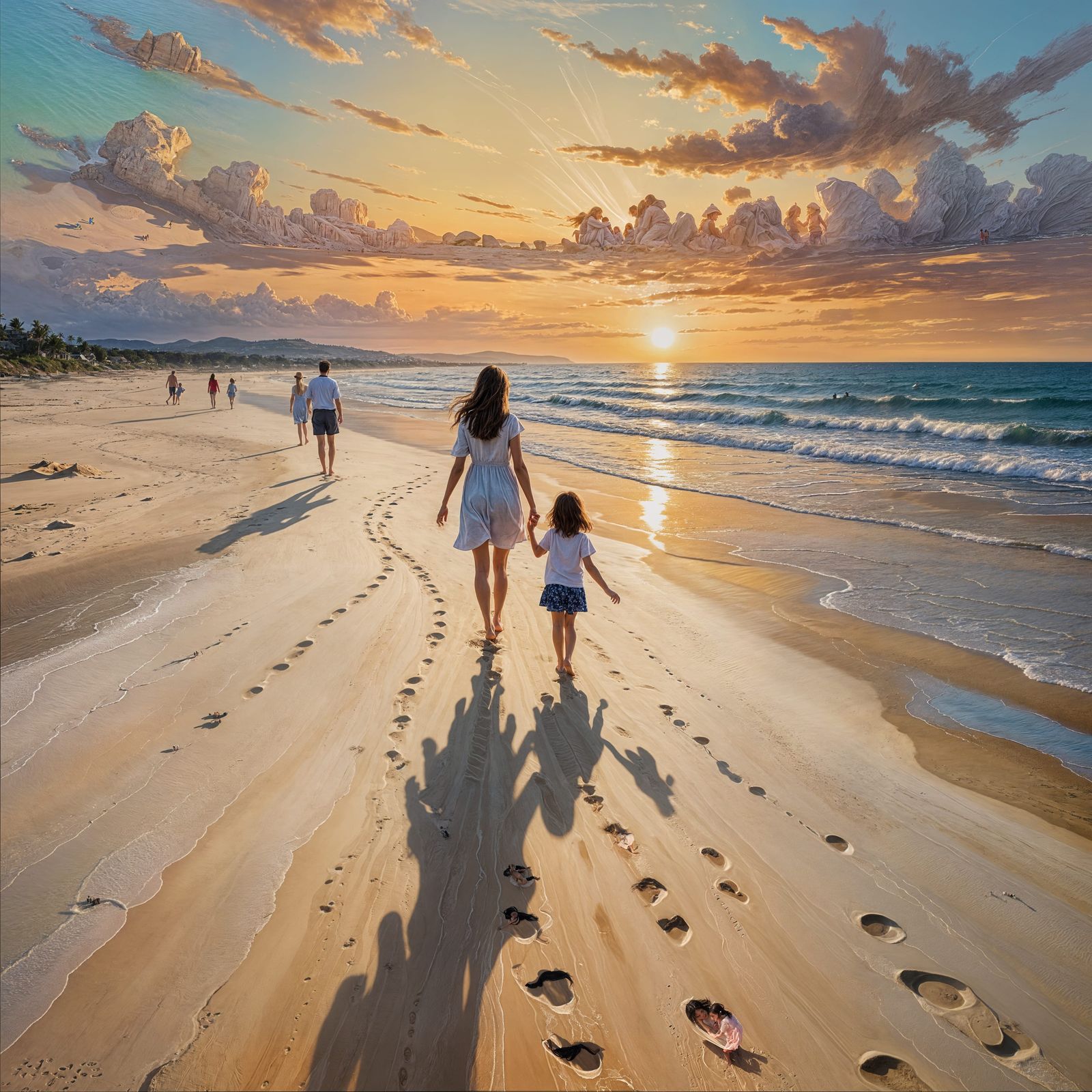 Footprints on Beach with Family at Sunset