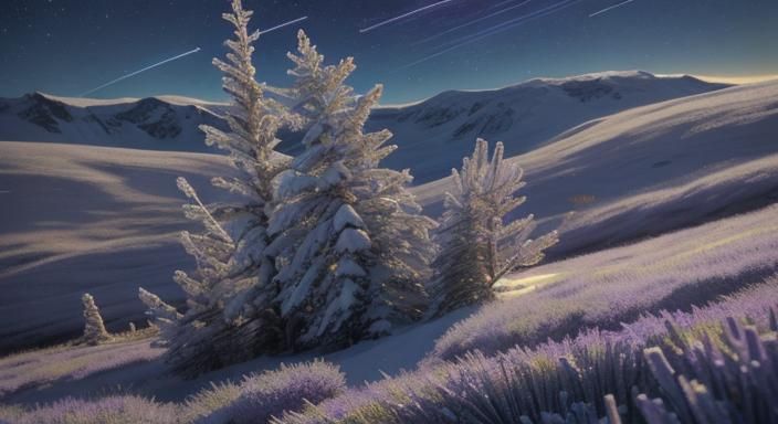 Star Trails over Lavender Field in Frozen Tundra