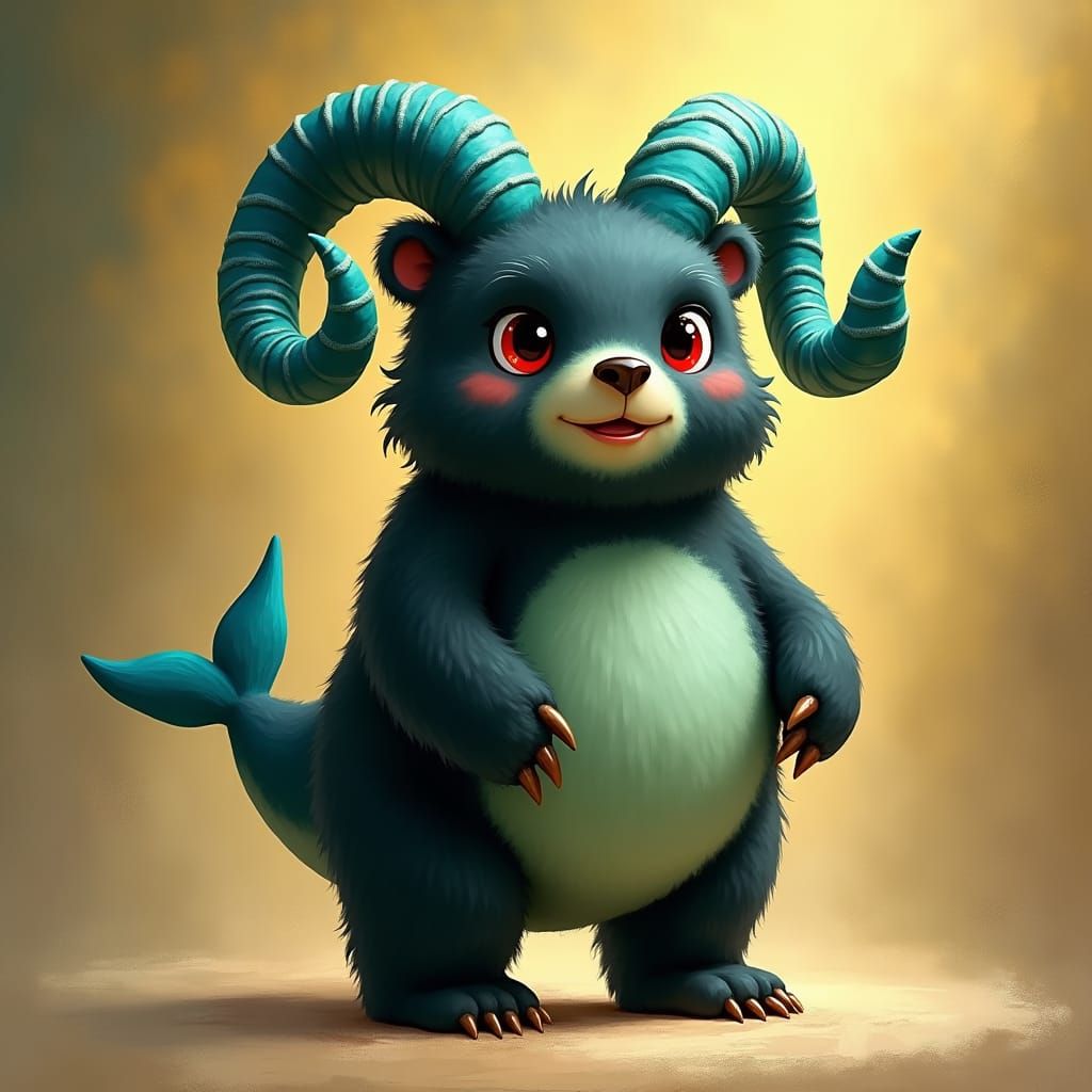 Adorable Bear Creature with Ram Horns, Oil Painting