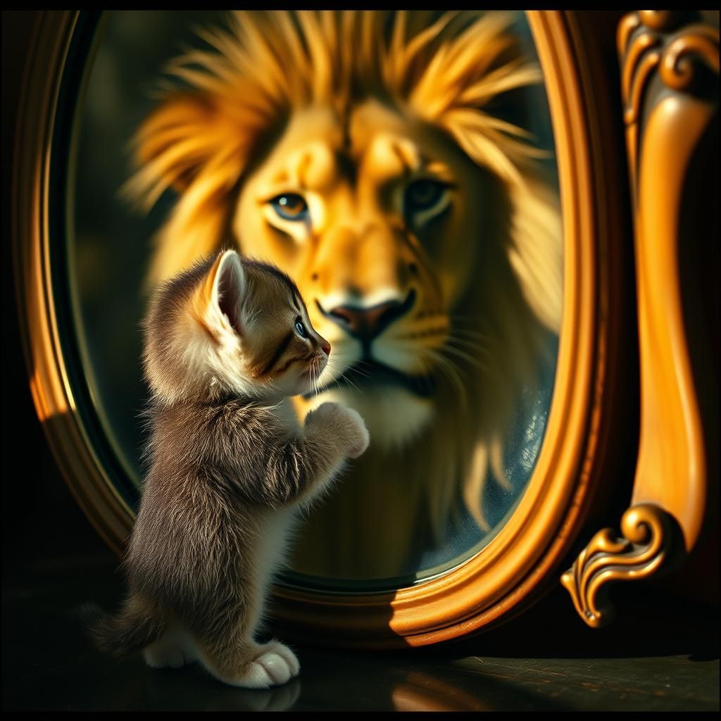 Kitten and Lion Reflection in Cinematic Style