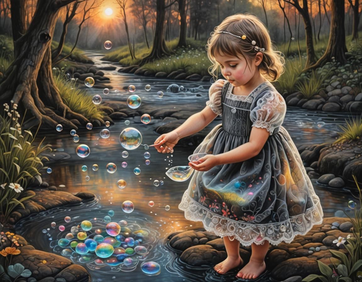 Child with Soap Bubbles in Chalk Art Style