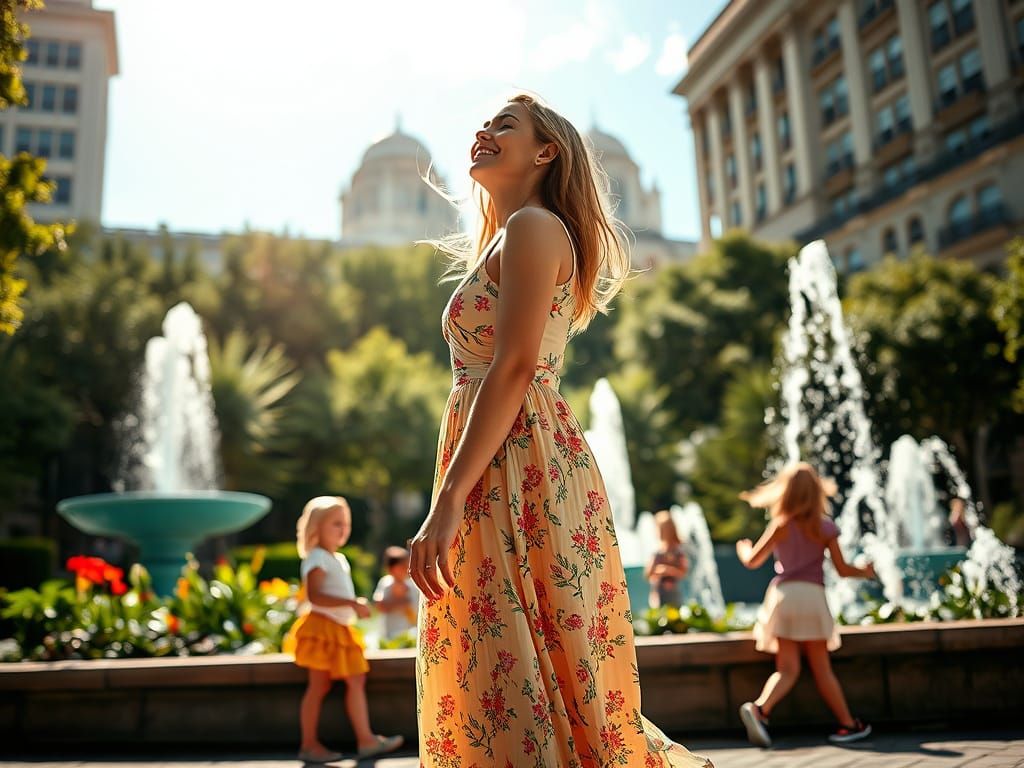Serene Woman in City Square, Natural Lighting