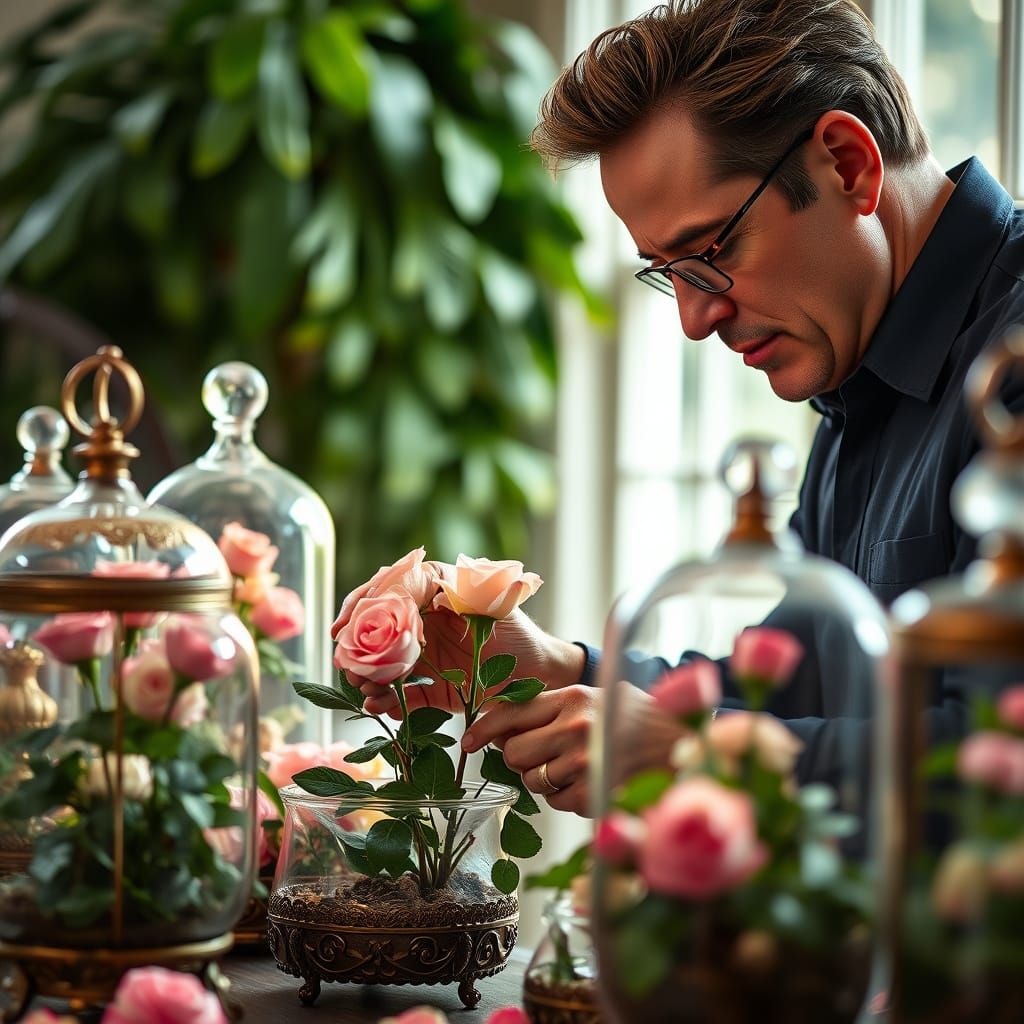 Actor Plants Roses in Elegant Terrariums