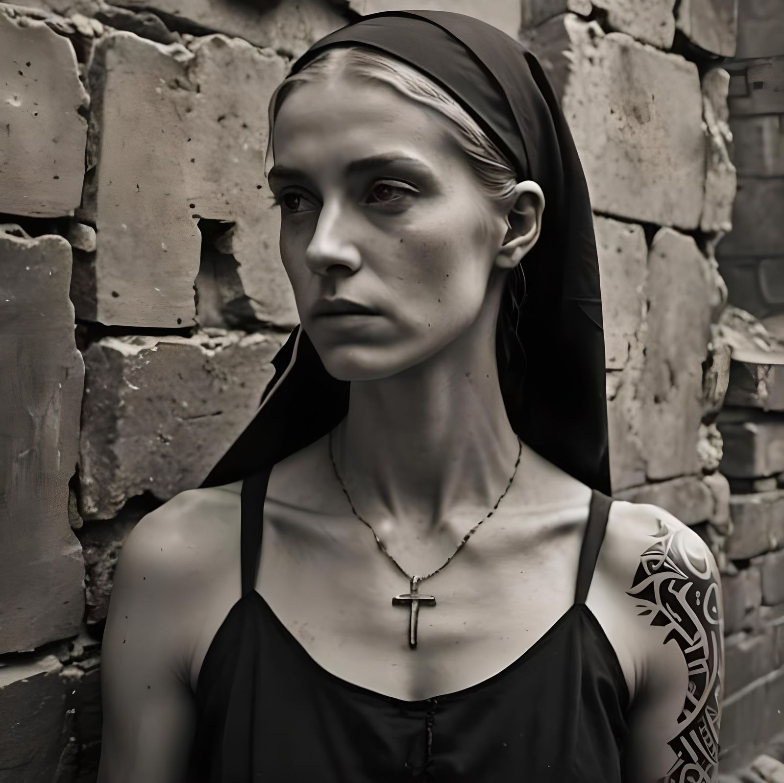 Nun with Tattoos in Ruined Church, Photorealistic Style