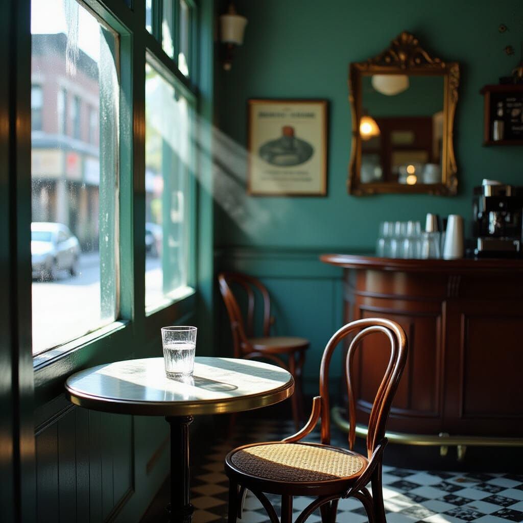 Timeless Cafe Portrait in Faded Teal and Amber Tones
