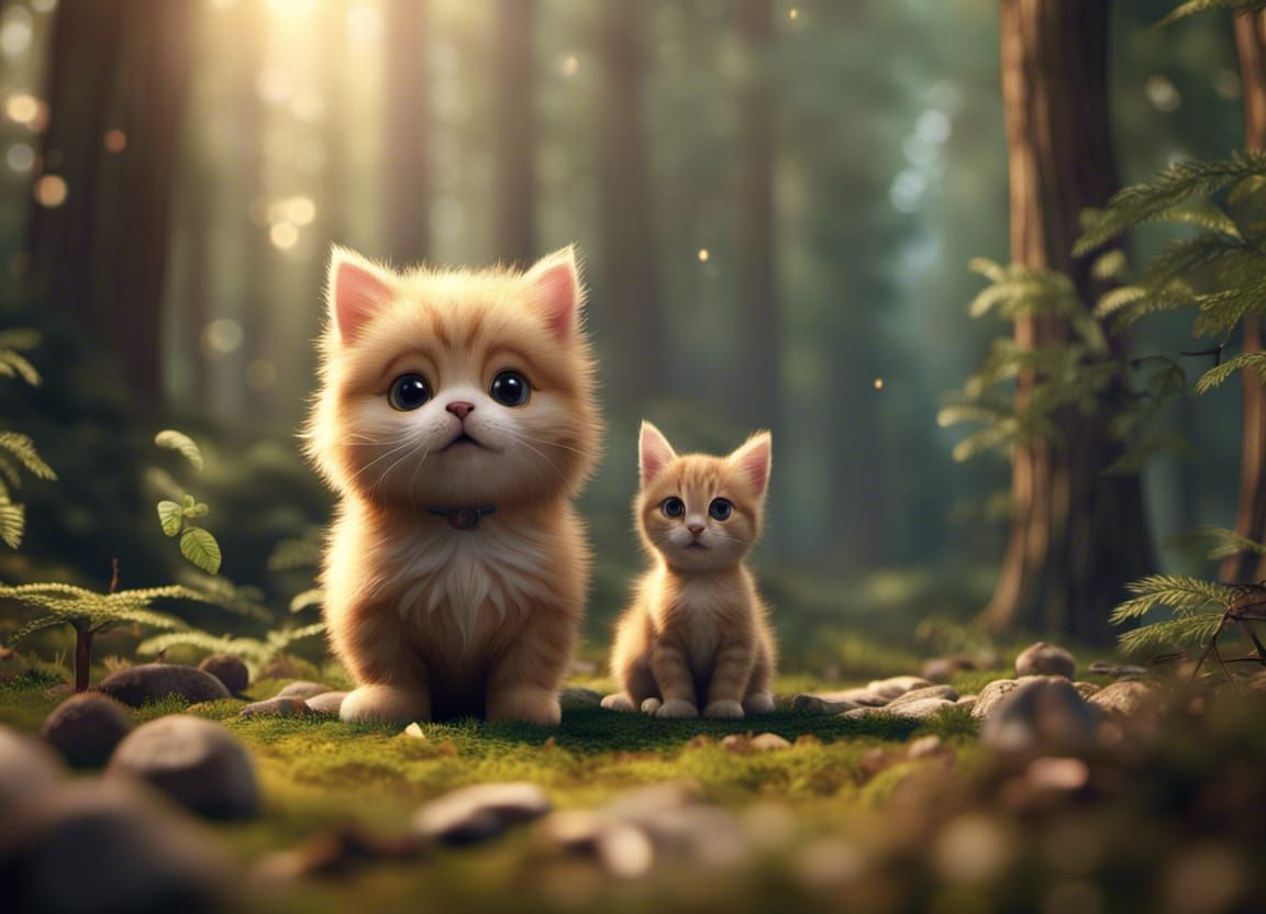 Cute Pets in Forest with Cinematic Lighting