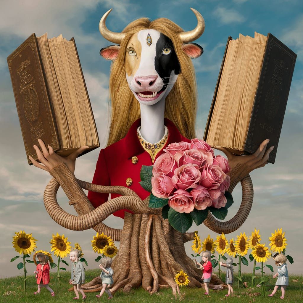 Surrealistic Scene of a Humanoid Figure with a Lion and Flor...