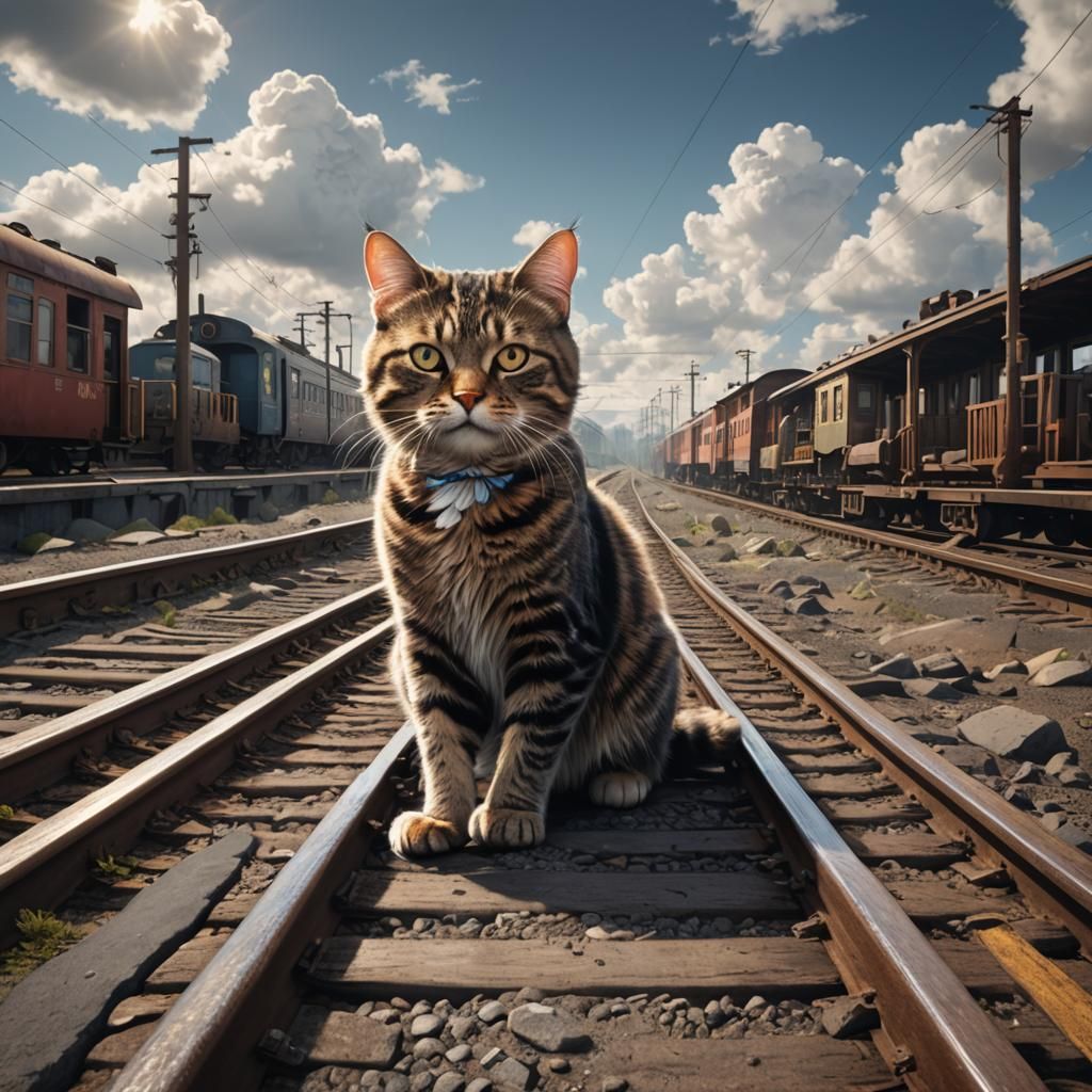 Cat Walks Train Tracks: Detailed Matte Painting
