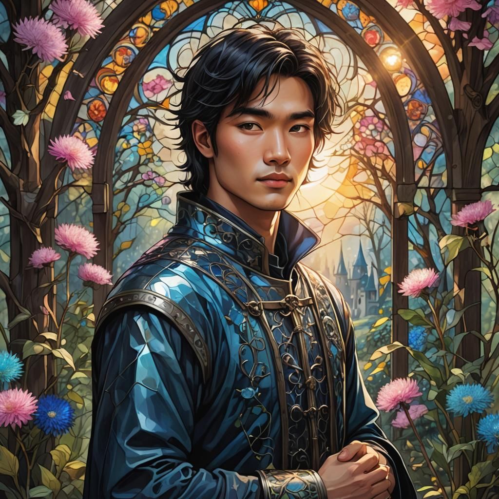 Stained Glass: Medieval Village and Asian Man