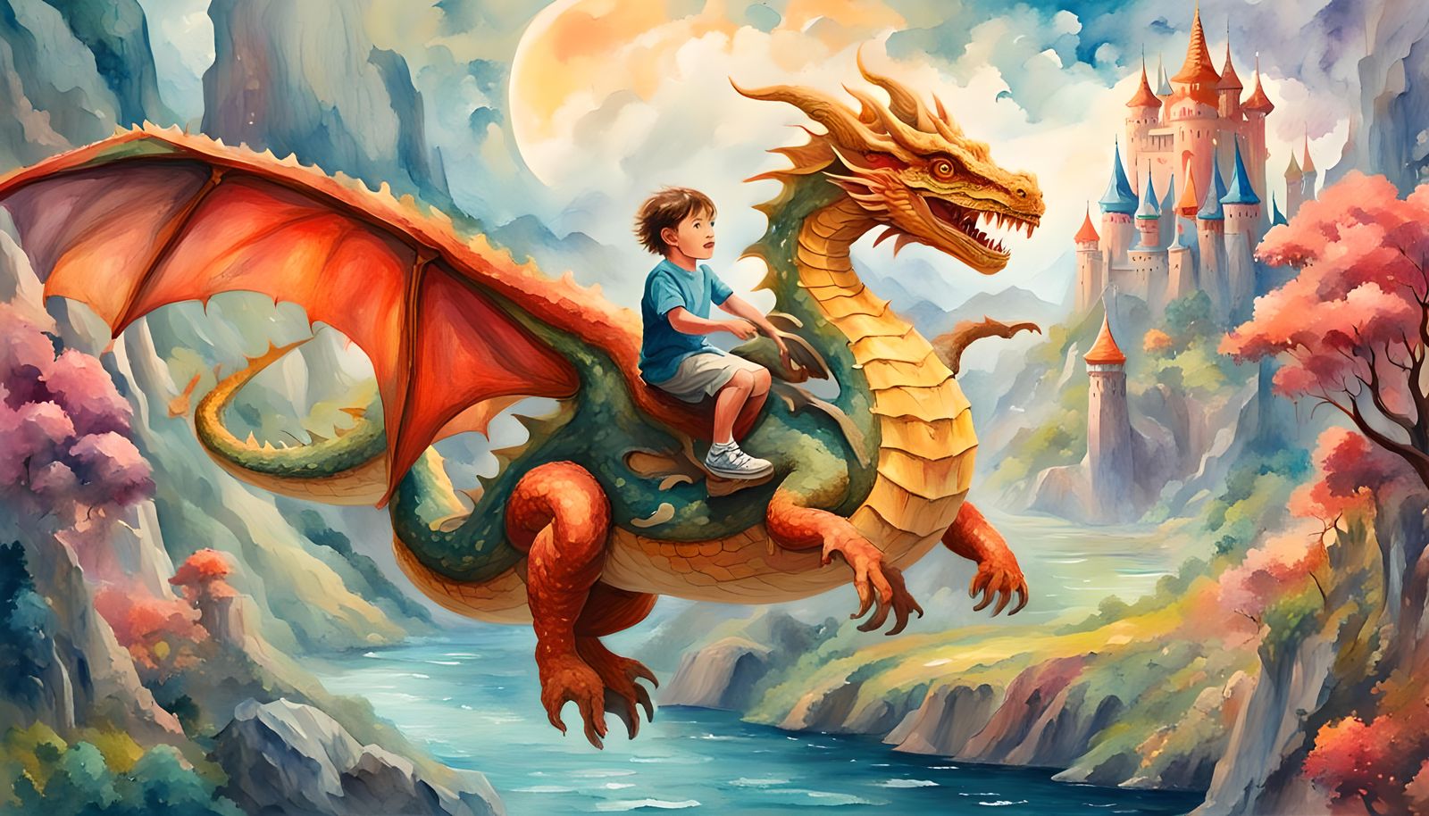 Child's Dragon Ride Through Magical Gouache Landscape