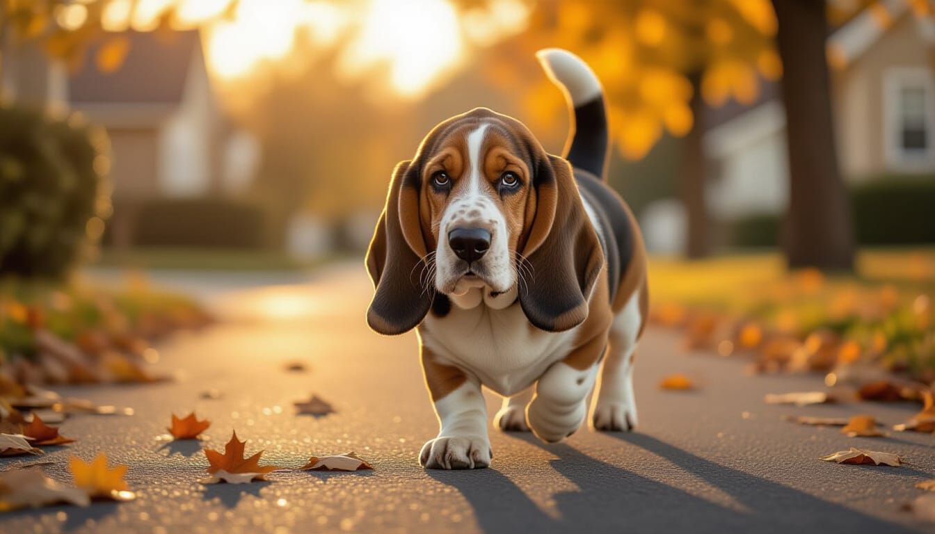 Basset Hound's Golden Hour Walk in Impressionist Style