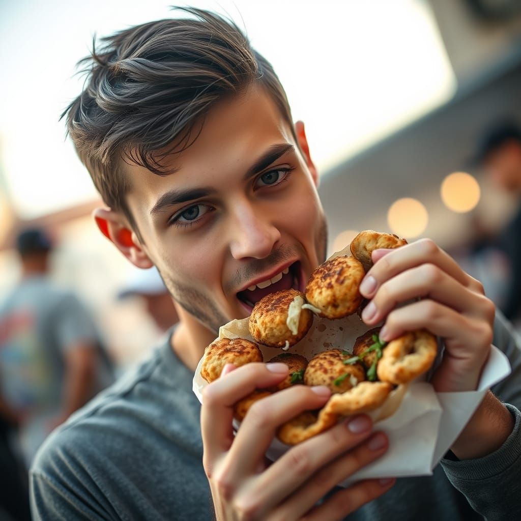 Man Enjoying Pita Falafel in Warm Light