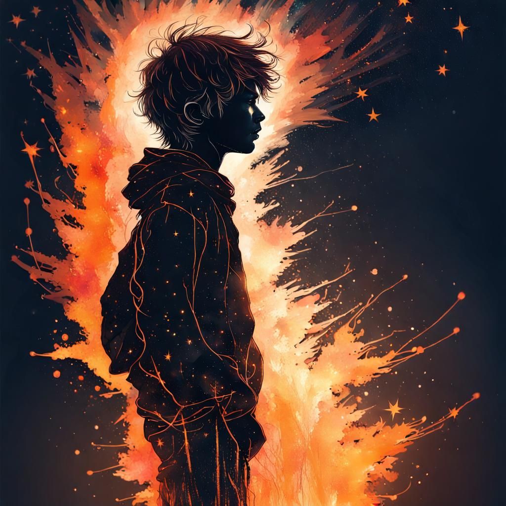 Boy Reaching for Stars in Fiery Silhouette