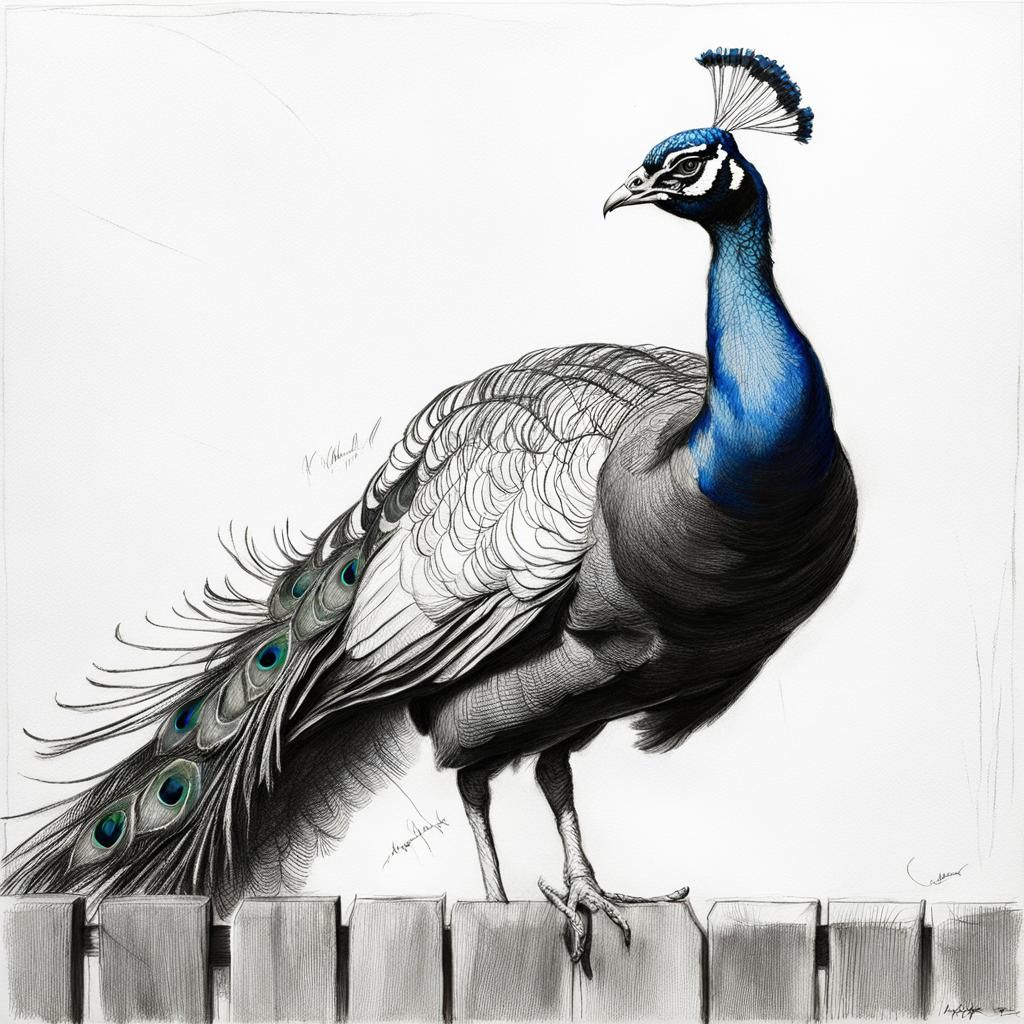 Peacock on Fence Rail: Pencil and Charcoal Illustration