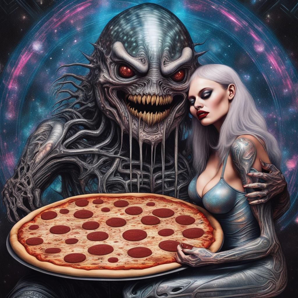 Pin-up Girl shares a pizza with a monster V