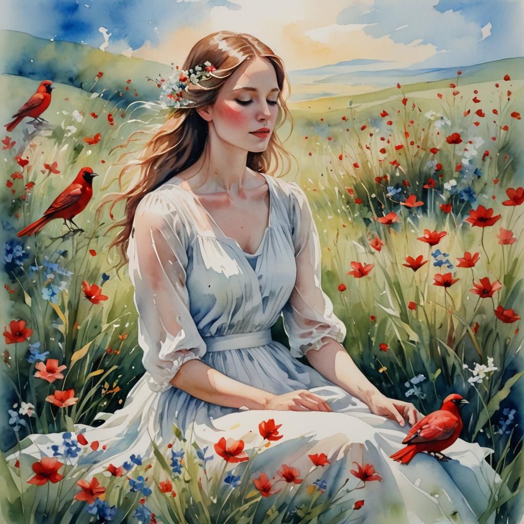 Red Bird Gently Closes Woman's Eyes in Meadow