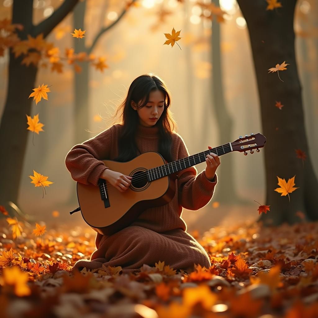 Autumnal Forest Scene of Woman Playing Guitar