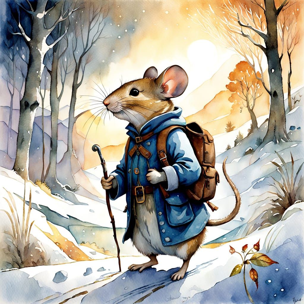 Adorable Mouse in Winter Attire on Snowy Hill