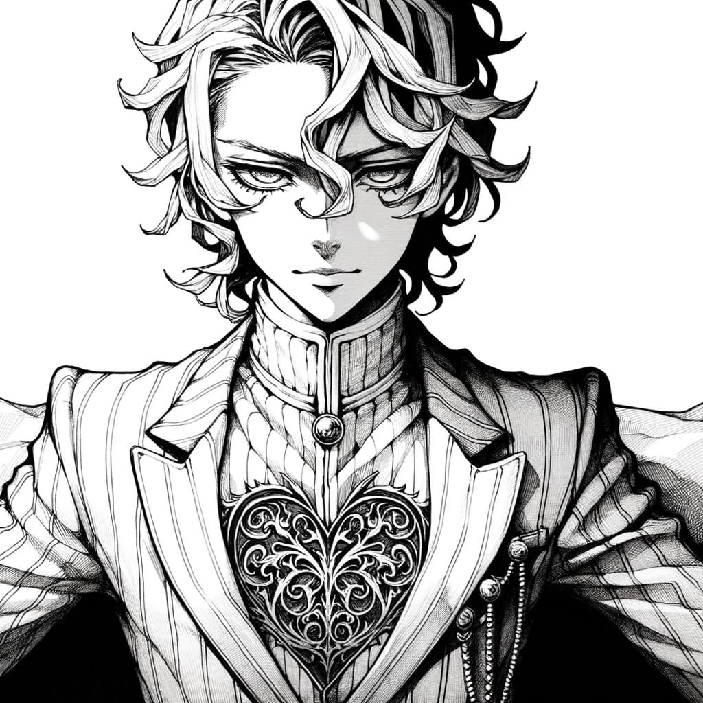 Monochrome Manga Male with Heart-Shaped Chest Opening