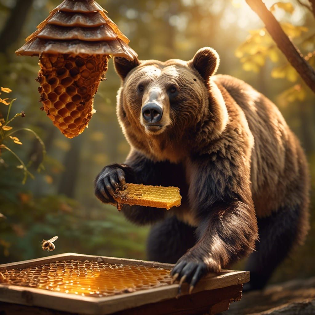<lora:IntotheWoods:1.0> Photorealistic portrait of a bear st...