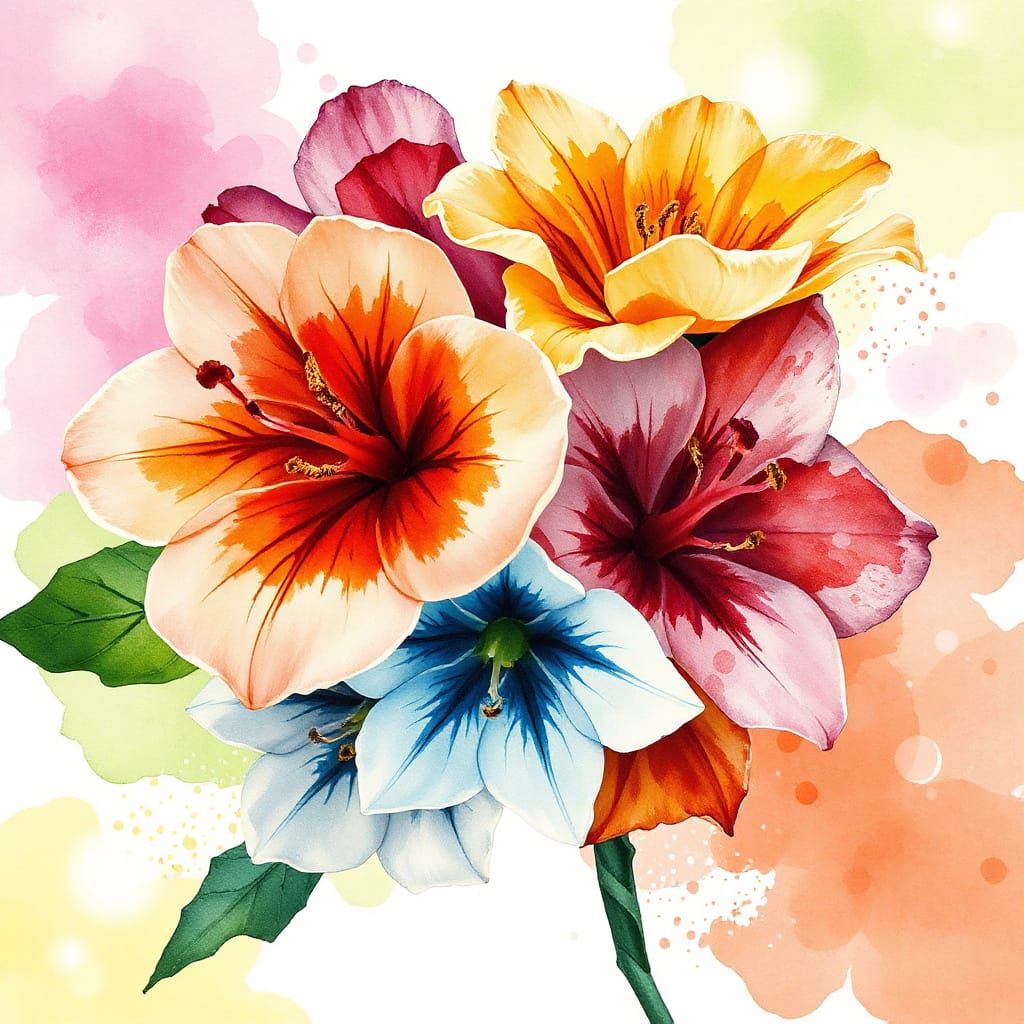 Abstract Watercolor Flowers with Ink Accents