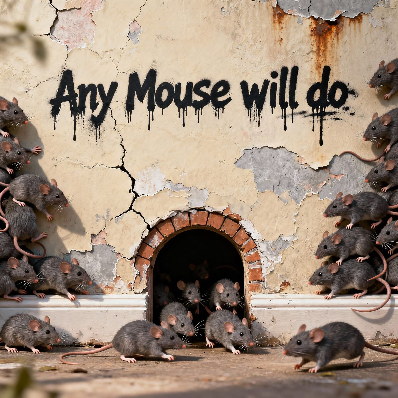 Grunge Wall with Graffiti and Mice Swarming Hole