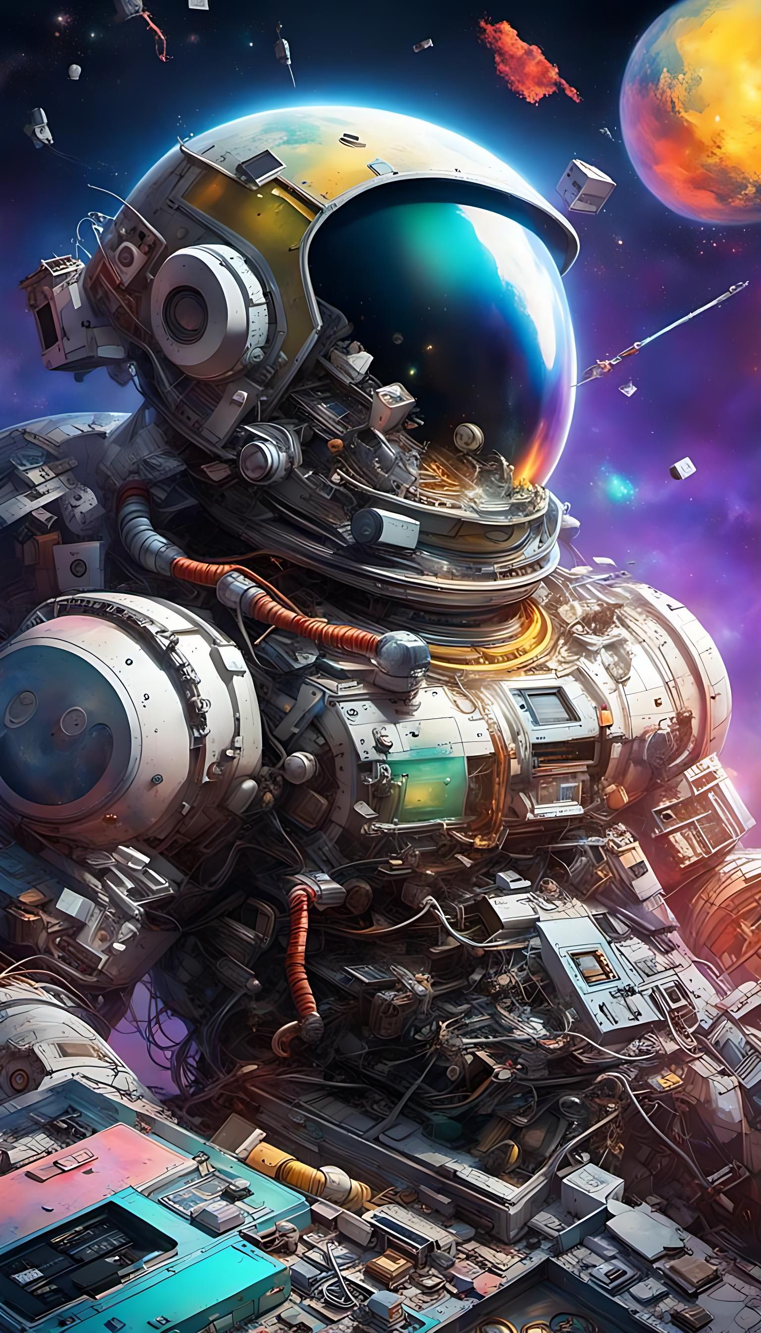 Retro 80s Tech Drifting in Space