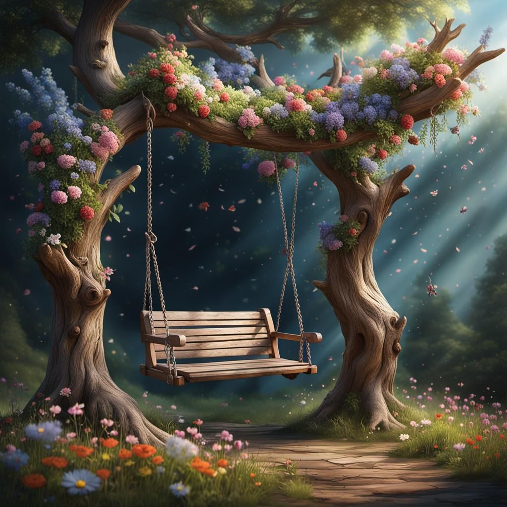 Nostalgic Wooden Swing in a Fantastical Landscape