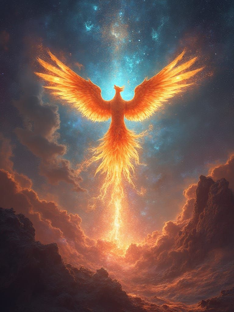 Phoenix Ascending Through Fractal Vortex in Abstract Realism