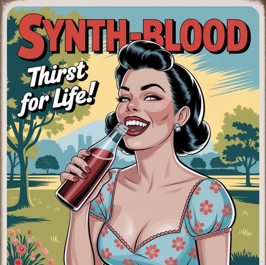 Vintage Pin-Up Girl Sips Synth-Blood in Retro Park Scene