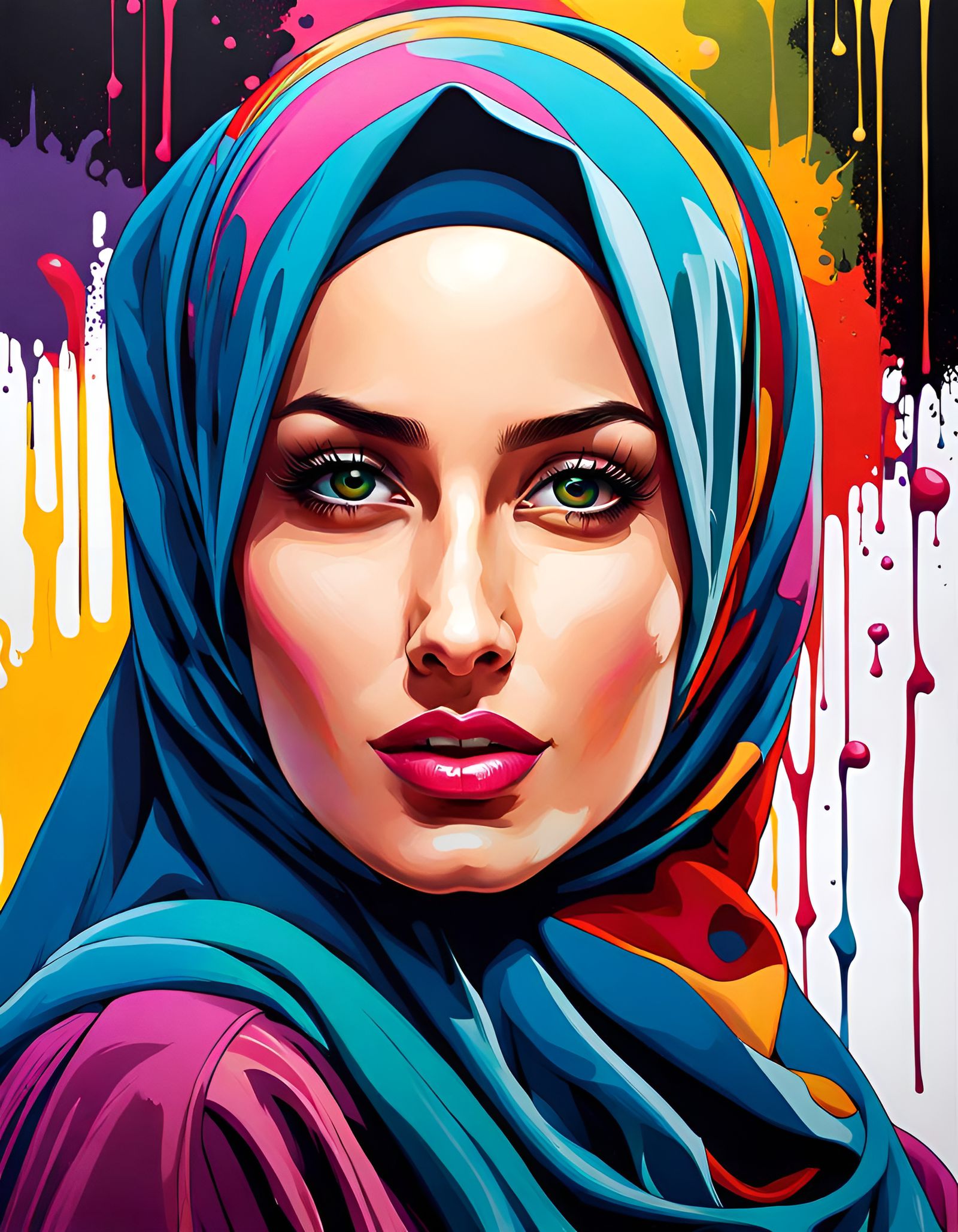 Beautiful Hijabi Woman in Colorful Street Art Style
